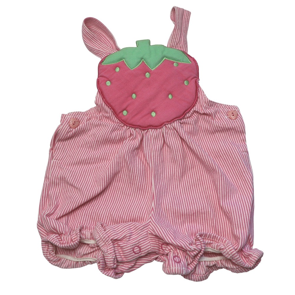 Vintage Pink Strawberry Striped Bubble Romper Baby Girl 12 Mo Summer One Piece